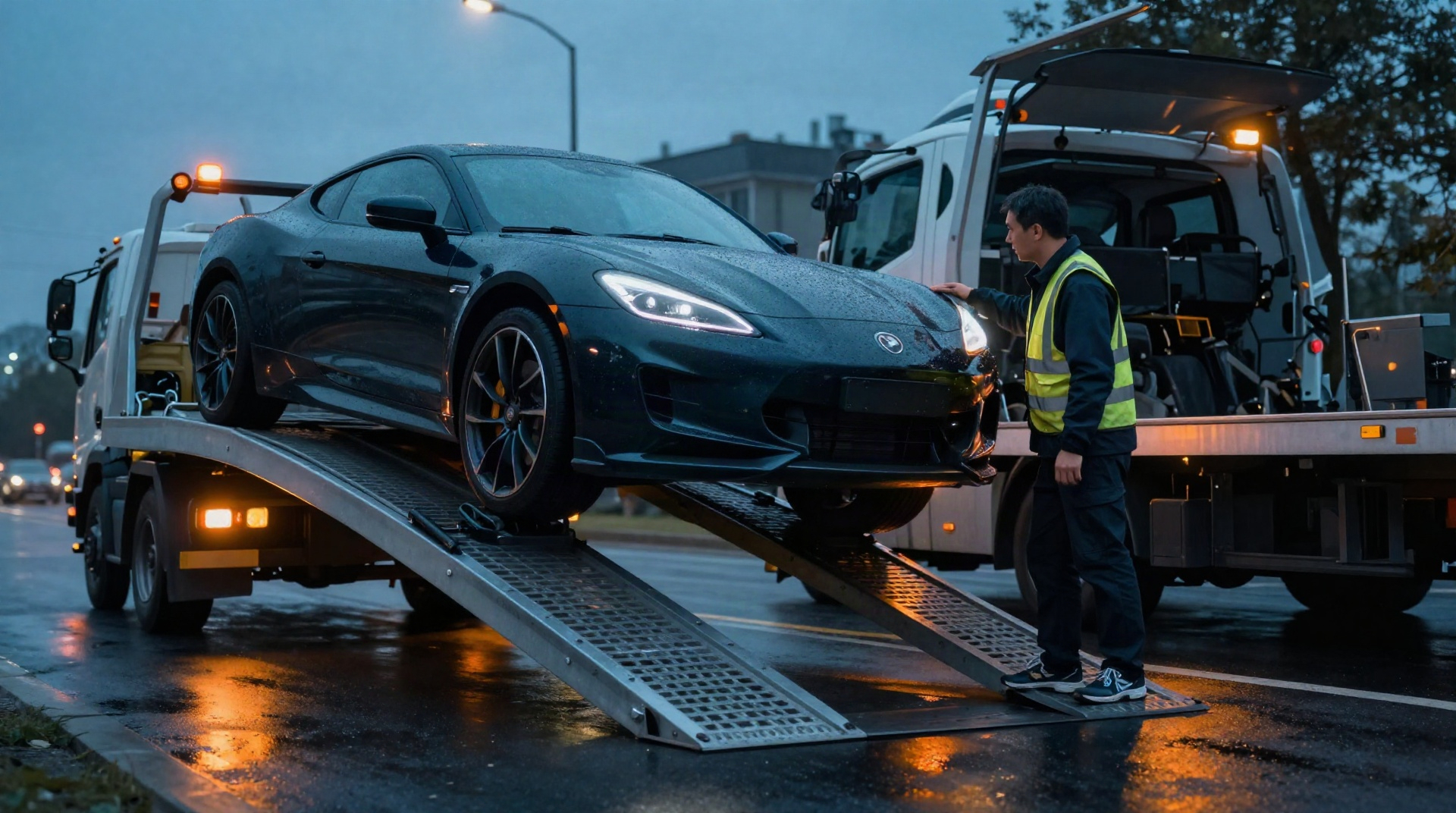 Эвакуатор аккуратно грузит низкий спортивный автомобиль на платформу